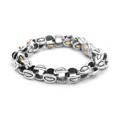 Gold & Silver bracelet, scale dragon chain round 6mm, spring lock with 18K gold hammer motif and white topaz pave stones