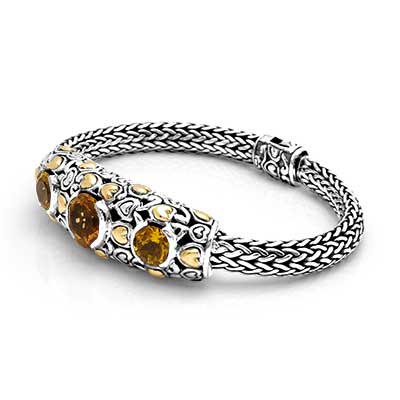 Gold & Silver bracelet, scale dragon chain round 6mm, spring lock with 18K gold hammer motif and white topaz pave stones