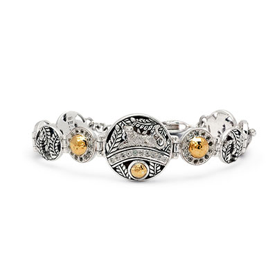 Gold & Silver bracelet, scale dragon chain round 6mm, spring lock with 18K gold hammer motif and white topaz pave stones