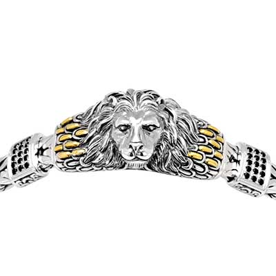 Gold & Silver bracelet, scale dragon chain round 6mm, spring lock with 18K gold hammer motif and white topaz pave stones