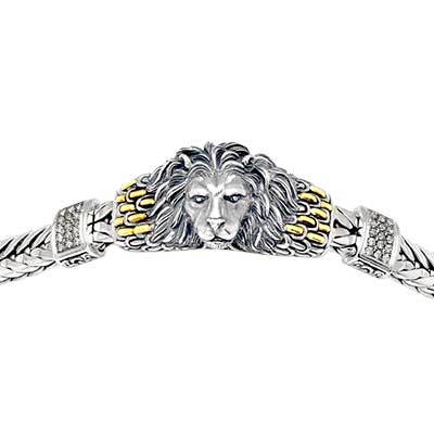 Gold & Silver bracelet, scale dragon chain round 6mm, spring lock with 18K gold hammer motif and white topaz pave stones