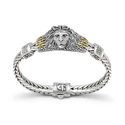 Gold & Silver bracelet, scale dragon chain round 6mm, spring lock with 18K gold hammer motif and white topaz pave stones