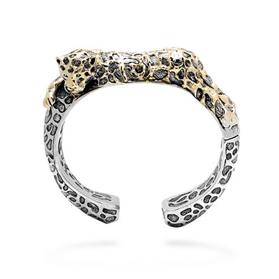 Gold & Silver bracelet, scale dragon chain round 6mm, spring lock with 18K gold hammer motif and white topaz pave stones