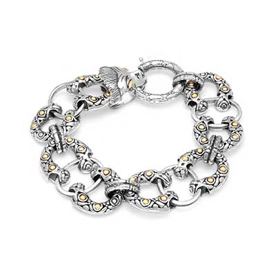 Gold & Silver bracelet, scale dragon chain round 6mm, spring lock with 18K gold hammer motif and white topaz pave stones