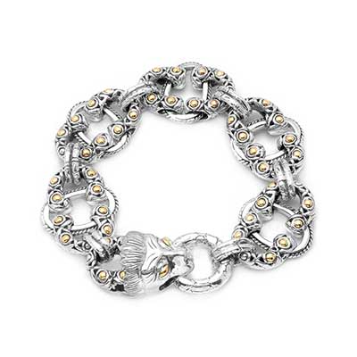 Gold & Silver bracelet, scale dragon chain round 6mm, spring lock with 18K gold hammer motif and white topaz pave stones