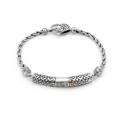 Gold & Silver bracelet, scale dragon chain round 6mm, spring lock with 18K gold hammer motif and white topaz pave stones