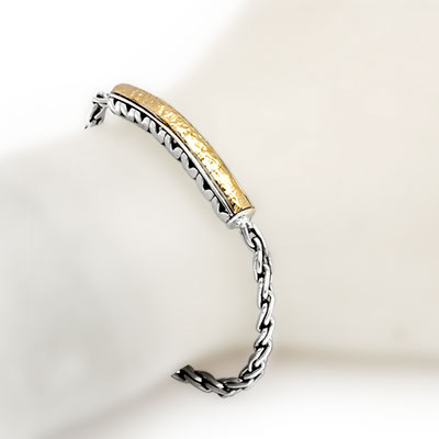 Gold & Silver bracelet, scale dragon chain round 6mm, spring lock with 18K gold hammer motif and white topaz pave stones