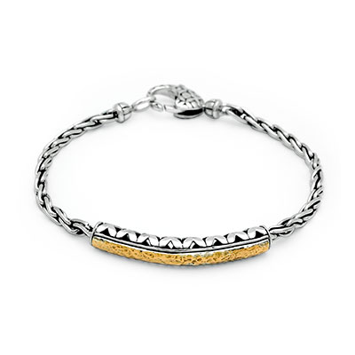 Gold & Silver bracelet, scale dragon chain round 6mm, spring lock with 18K gold hammer motif and white topaz pave stones