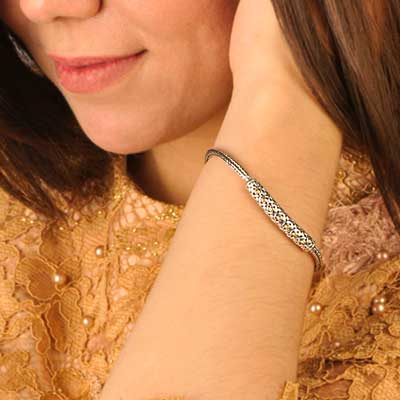 Gold & Silver bracelet, scale dragon chain round 6mm, spring lock with 18K gold hammer motif and white topaz pave stones