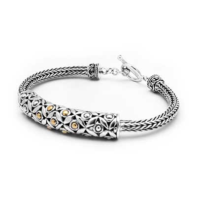 Gold & Silver bracelet, scale dragon chain round 6mm, spring lock with 18K gold hammer motif and white topaz pave stones