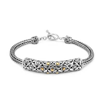 Gold & Silver bracelet, scale dragon chain round 6mm, spring lock with 18K gold hammer motif and white topaz pave stones