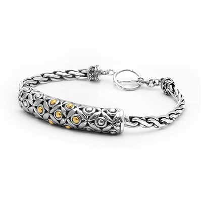 Gold & Silver bracelet, scale dragon chain round 6mm, spring lock with 18K gold hammer motif and white topaz pave stones