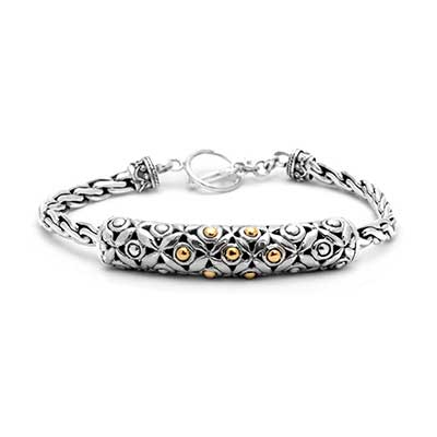 Gold & Silver bracelet, scale dragon chain round 6mm, spring lock with 18K gold hammer motif and white topaz pave stones