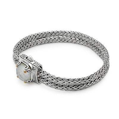 Gold & Silver bracelet, scale dragon chain round 6mm, spring lock with 18K gold hammer motif and white topaz pave stones