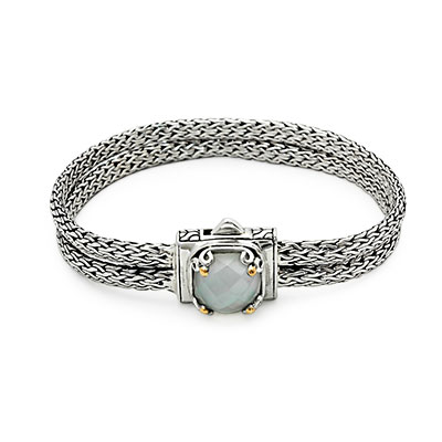 Gold & Silver bracelet, scale dragon chain round 6mm, spring lock with 18K gold hammer motif and white topaz pave stones