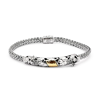 Gold & Silver bracelet, scale dragon chain round 6mm, spring lock with 18K gold hammer motif and white topaz pave stones