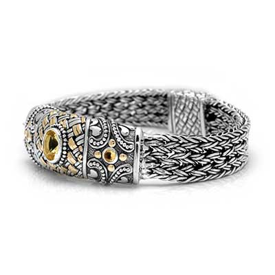 Gold & Silver bracelet, scale dragon chain round 6mm, spring lock with 18K gold hammer motif and white topaz pave stones