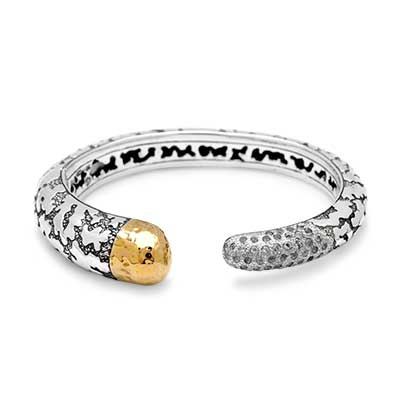 Gold & Silver bracelet, scale dragon chain round 6mm, spring lock with 18K gold hammer motif and white topaz pave stones