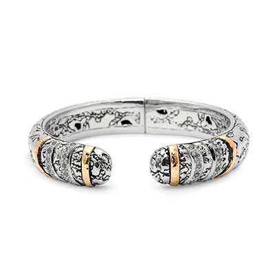 Gold & Silver bracelet, scale dragon chain round 6mm, spring lock with 18K gold hammer motif and white topaz pave stones