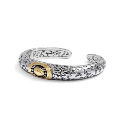 Gold & Silver bracelet, scale dragon chain round 6mm, spring lock with 18K gold hammer motif and white topaz pave stones