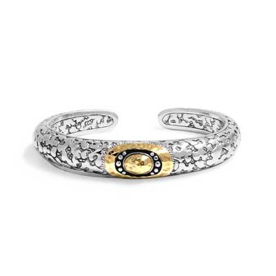 Gold & Silver bracelet, scale dragon chain round 6mm, spring lock with 18K gold hammer motif and white topaz pave stones