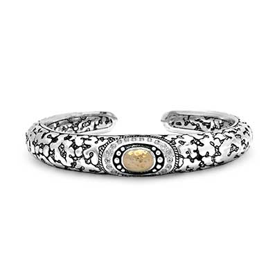 Gold & Silver bracelet, scale dragon chain round 6mm, spring lock with 18K gold hammer motif and white topaz pave stones