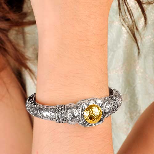 Gold & Silver bracelet, scale dragon chain round 6mm, spring lock with 18K gold hammer motif and white topaz pave stones