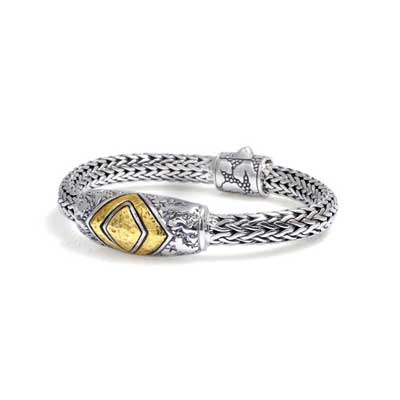 Gold & Silver bracelet, scale dragon chain round 6mm, spring lock with 18K gold hammer motif and white topaz pave stones