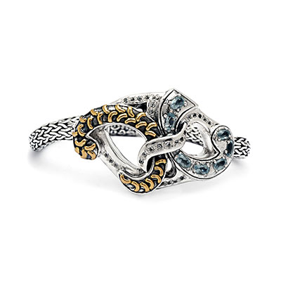 Gold & Silver bracelet, scale dragon chain round 6mm, spring lock with 18K gold hammer motif and white topaz pave stones