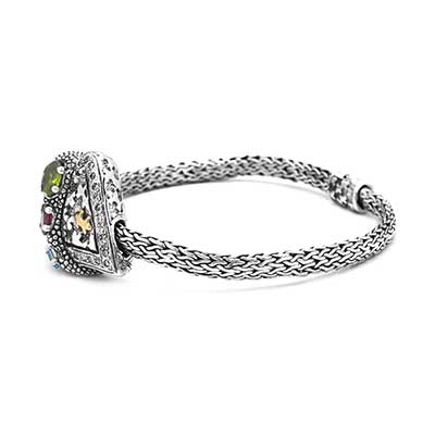 Gold & Silver bracelet, scale dragon chain round 6mm, spring lock with 18K gold hammer motif and white topaz pave stones