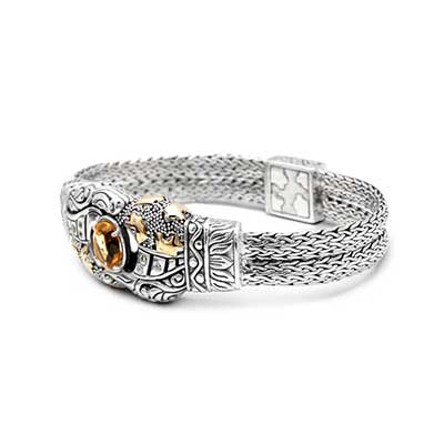 Gold & Silver bracelet, scale dragon chain round 6mm, spring lock with 18K gold hammer motif and white topaz pave stones