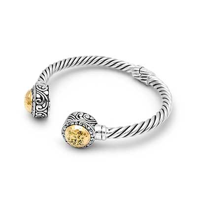 Gold & Silver bracelet, scale dragon chain round 6mm, spring lock with 18K gold hammer motif and white topaz pave stones