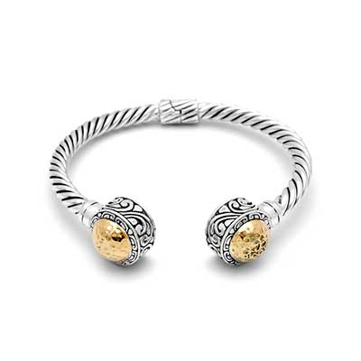 Gold & Silver bracelet, scale dragon chain round 6mm, spring lock with 18K gold hammer motif and white topaz pave stones