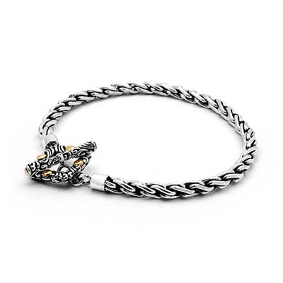 Gold & Silver bracelet, scale dragon chain round 6mm, spring lock with 18K gold hammer motif and white topaz pave stones