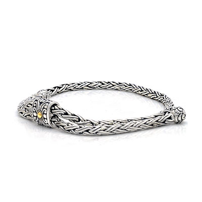 Gold & Silver bracelet, scale dragon chain round 6mm, spring lock with 18K gold hammer motif and white topaz pave stones