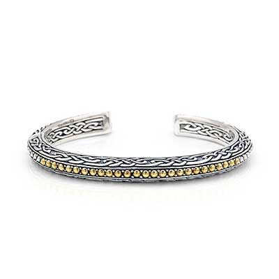 Gold & Silver bracelet, scale dragon chain round 6mm, spring lock with 18K gold hammer motif and white topaz pave stones