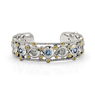 Gold & Silver bracelet, scale dragon chain round 6mm, spring lock with 18K gold hammer motif and white topaz pave stones