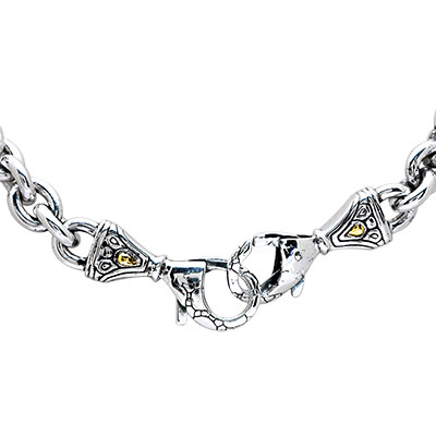 Gold & Silver bracelet, scale dragon chain round 6mm, spring lock with 18K gold hammer motif and white topaz pave stones