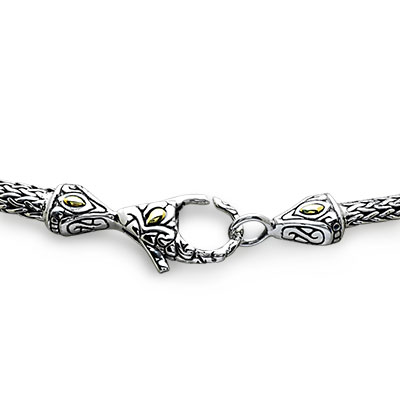 Gold & Silver bracelet, scale dragon chain round 6mm, spring lock with 18K gold hammer motif and white topaz pave stones