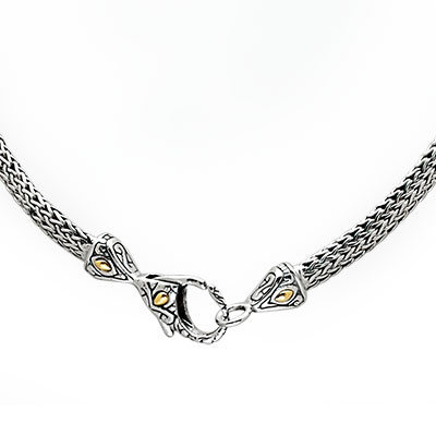 Gold & Silver bracelet, scale dragon chain round 6mm, spring lock with 18K gold hammer motif and white topaz pave stones