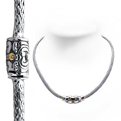 Gold & Silver bracelet, scale dragon chain round 6mm, spring lock with 18K gold hammer motif and white topaz pave stones