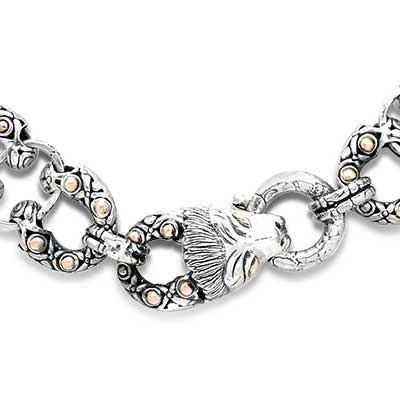 Gold & Silver bracelet, scale dragon chain round 6mm, spring lock with 18K gold hammer motif and white topaz pave stones