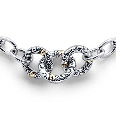 Gold & Silver bracelet, scale dragon chain round 6mm, spring lock with 18K gold hammer motif and white topaz pave stones