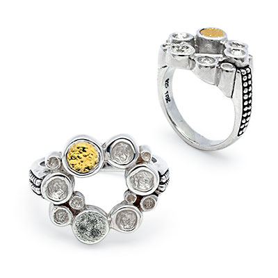 Gold & Silver bracelet, scale dragon chain round 6mm, spring lock with 18K gold hammer motif and white topaz pave stones